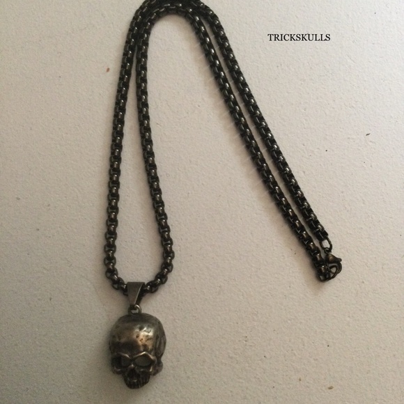 Dark Silver Classic Skull 316 Stainless Pendant & 50cm Black Round Box Chain - Picture 10 of 11
